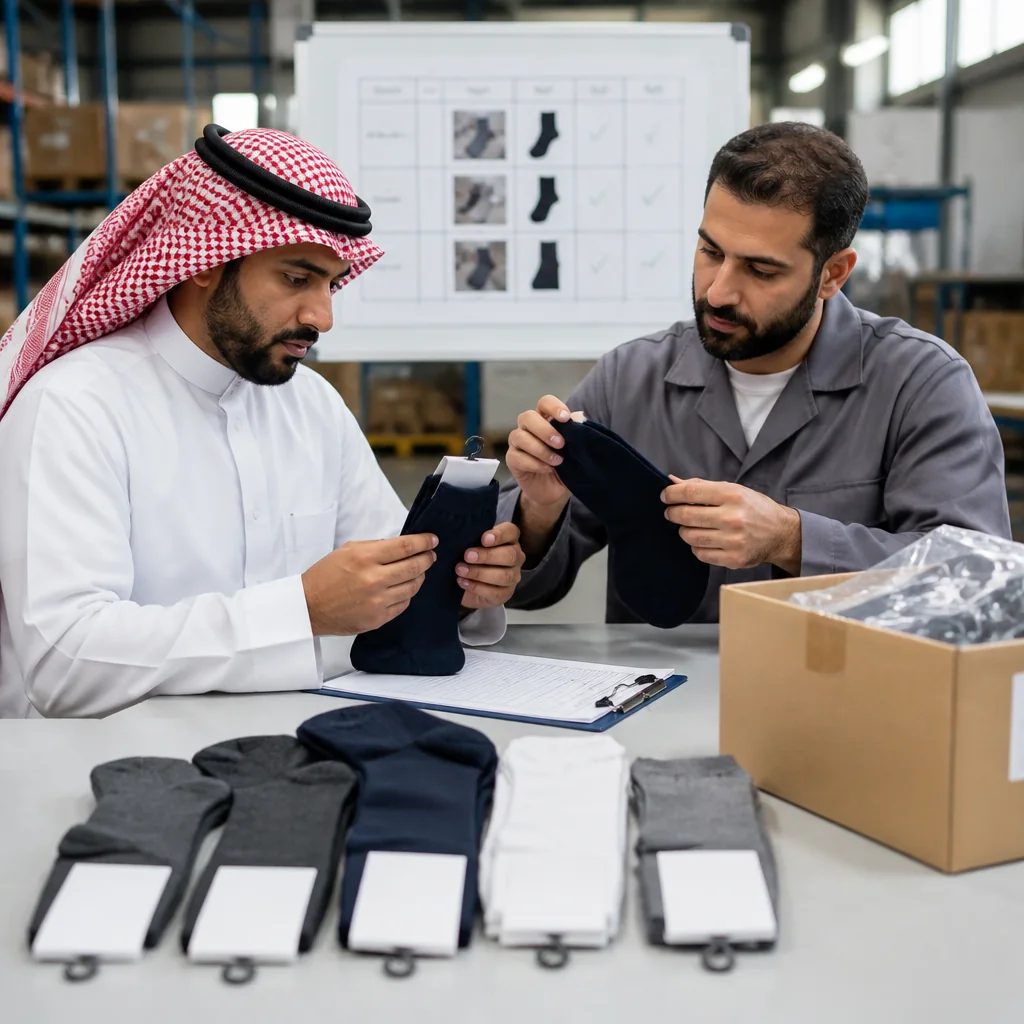 مسؤول مشتريات يراجع نطاق فحص جوارب بالجملة إلى جانب عينة وبطاقة وباركود وكرتون
